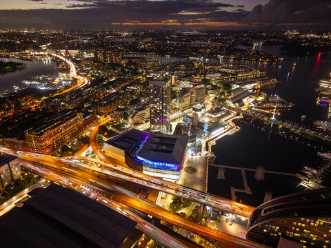 Long exposure of Sydney city at night aerial