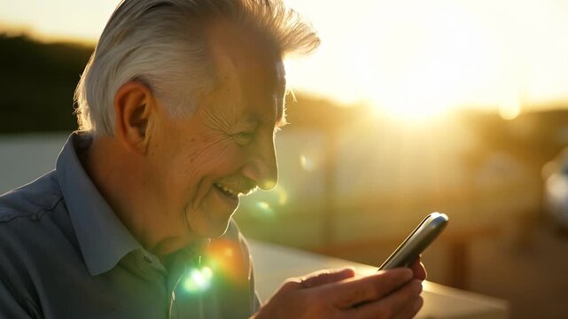 An elderly man enjoys a serene evening, gently holding a smartphone as the sun sets in the background. The warm light illuminates his silver hair, creating a peaceful moment of ref