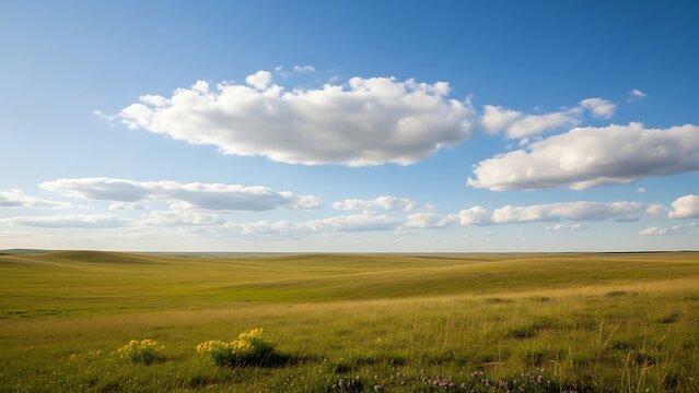 Vast open prairie landscape under a bright blue sky with fluffy white clouds - Powered by Adobe