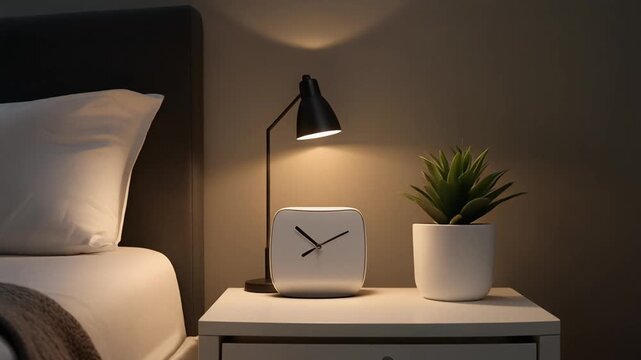 A bedside table with a lamp clock and plant illuminated by soft light