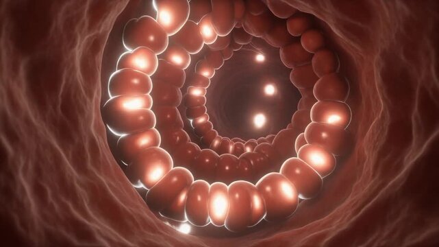 A 3D rendering of the inside of a colon with glowing villi