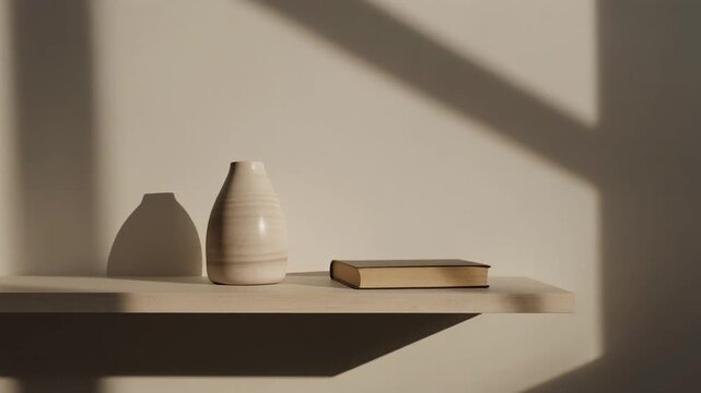 A ceramic vase and a closed book sit on a shelf bathed in soft light and shadow