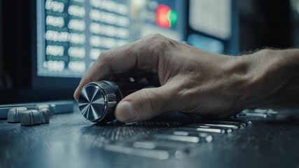 A hand adjusts a metal knob on a control panel with a digital display
