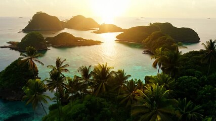 The sun sets lazily over lush tropical islands, casting golden hues across tranquil waters. Tall palm trees sway gently, framing a serene landscape filled with vibrant greens.
