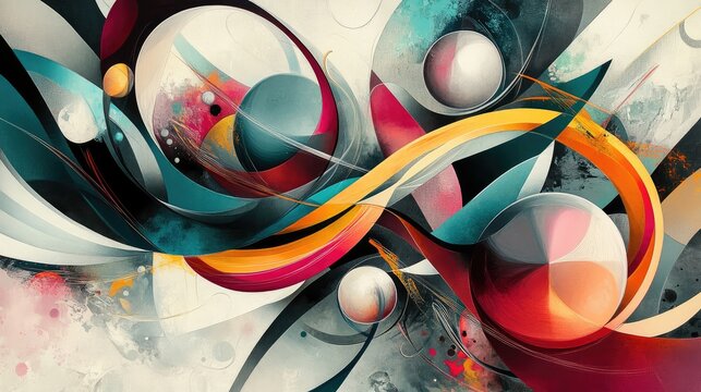 A colorful painting with many different shapes and sizes of balls