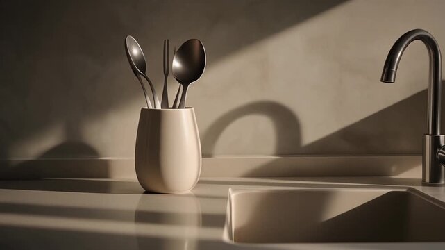A creamcolored utensil holder with spoons and a fork sits on a countertop