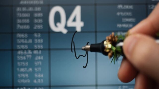 A festive pen hovers over a blurred financial data display showing Q4
