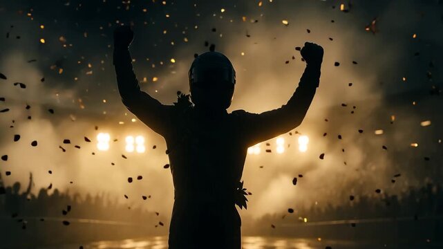 Silhouette of race car driver celebrating victory with raised arms in front of bright stadium lights and cheering crowd, dramatic winning moment with flying confetti.
