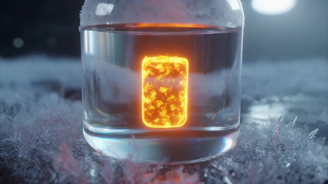 A glowing orange object in a glass vial surrounded by frost