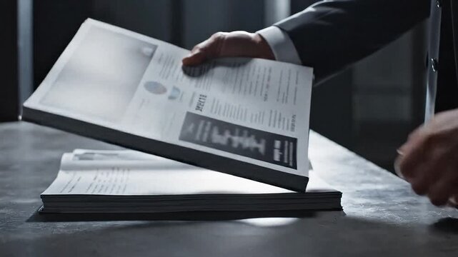A hand in a suit turns pages of a thick document