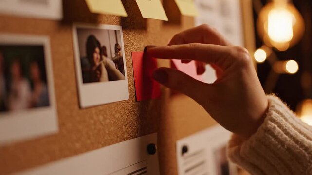 A hand places a red sticky note on a corkboard with photos