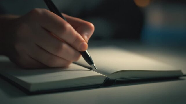 A hand writes in an open notebook in dim light