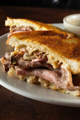 A closeup view of a prime rib sandwich.