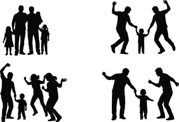 Obraz premium Silhouette set of families interacting with children, playing, walking, holding hands, joyful parent moments, family bonding illustration, happy parenting scene