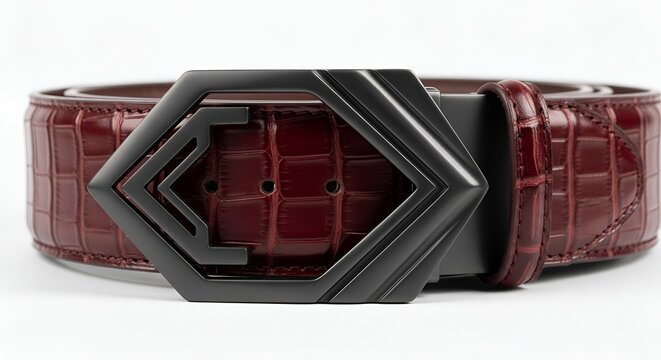 Close-up captures a stylish red alligator leather belt with a sleek, geometric black buckle design.