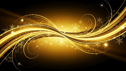 Golden swirling light streaks with snowflakes and stars on black background image
