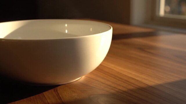 A white bowl sits on a wooden table with sunlight streaming in