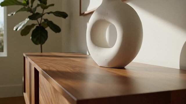 A wooden console table with a vase and plant in natural light