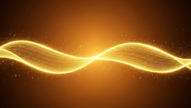 Golden wavy light streaks with sparkling particles on a warm brown background wave