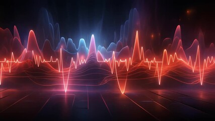 Abstract neon equalizer with pulsating red and blue waves - Powered by Adobe