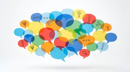 Dynamic array of colorful overlapping speech bubbles evokes communication and lively conversations.