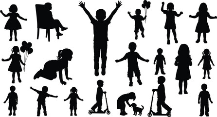 Silhouettes of playful children in various activities, jumping, running, playing with balloons, scooters, and pets, isolated on white background