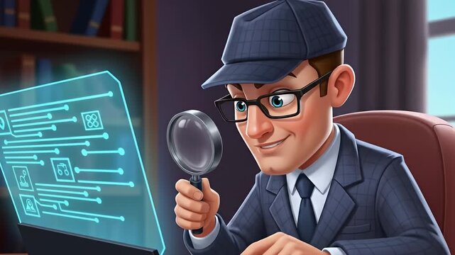 A cartoon detective with a magnifying glass investigates a glowing screen.