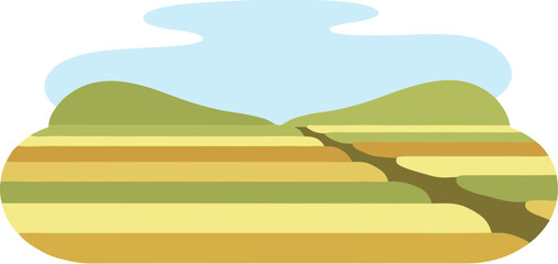 Obraz premium Abstract vector illustration of a rural landscape with striped fields and rolling hills.