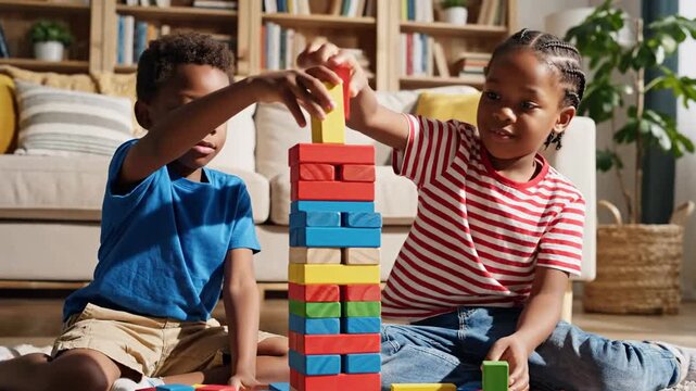 Two children stacking colorful wooden blocks building tower indoors