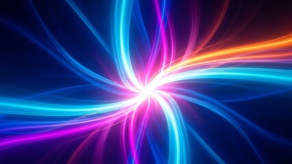 Abstract swirling neon light trails bursting from center