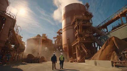 Medium shot of workers monitoring emission levels at an ecofriendly copper smelting site demonstrating commitment to air quality and sustainable industrial practices.
