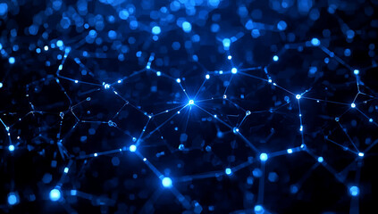 Futuristic digital landscape with glowing blue hexagons