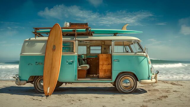 Surfboard adventure at the beach with a classic van