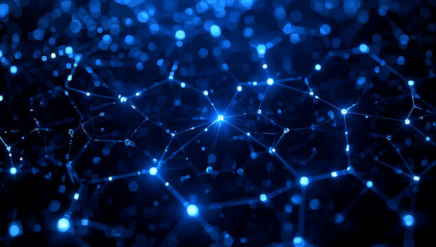 Futuristic digital landscape with glowing blue hexagons