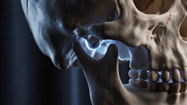 Closeup of a human jawbone joint with blue internal illumination