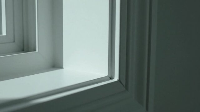 Closeup of a white window frame and sill with angled lighting