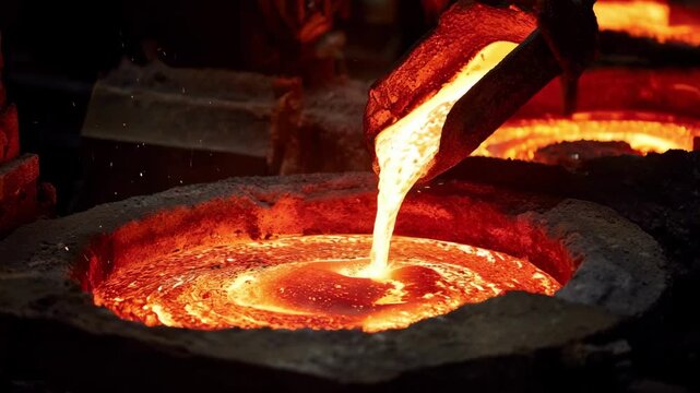 Medium shot of molten metal being heated in a furnace for annealing showing the careful temperature control process to enhance ductility of cast parts.