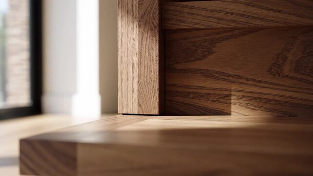 Closeup of wooden stair treads and riser with natural light