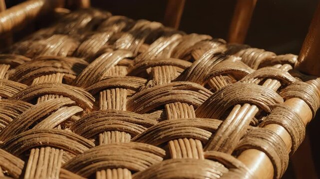 Closeup of woven rattan chair texture in sunlight