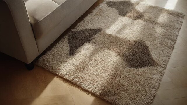 Cozy beige sofa with a textured rug on a wooden floor bathed in sunlight