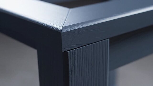 Dark blue wooden furniture corner with beveled edge and textured surface