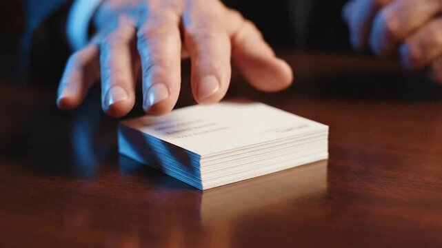 Elder hands sort a thick stack of white business cards on a wooden table