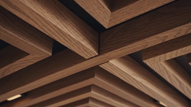 Geometric wooden ceiling beams create a striking pattern