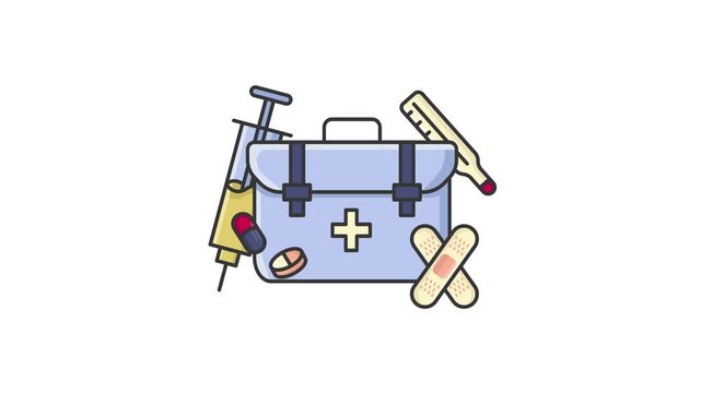 Animated First Aid Kit with Medical Supplies Icon.