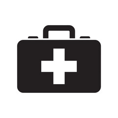 Black first aid kit icon with white cross on white background medical health