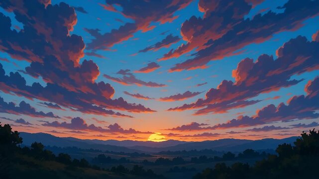 Time‑lapse of painted landscape sky shifting from bright blue evening clouds to fiery orange sunset over distant hills, serene cinematic transition.
