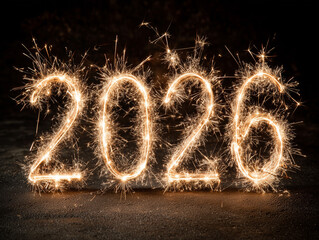 Sparkling &ldquo;Happy New Year 2026&rdquo; on Black Snowflake Texture