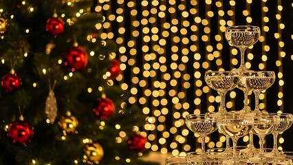 A sparkling champagne tower ready for a glamorous winter holiday party celebration