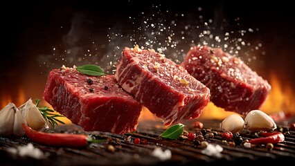 Juicy steak ready for grilling with fresh seasonings, perfect for a mouthwatering BBQ feast, ideal for restaurants and food bloggers