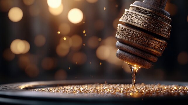 Close-up of a wooden honey dipper dripping honey into a surface covered with golden sparkles, with a blurred bokeh background. - Powered by Adobe